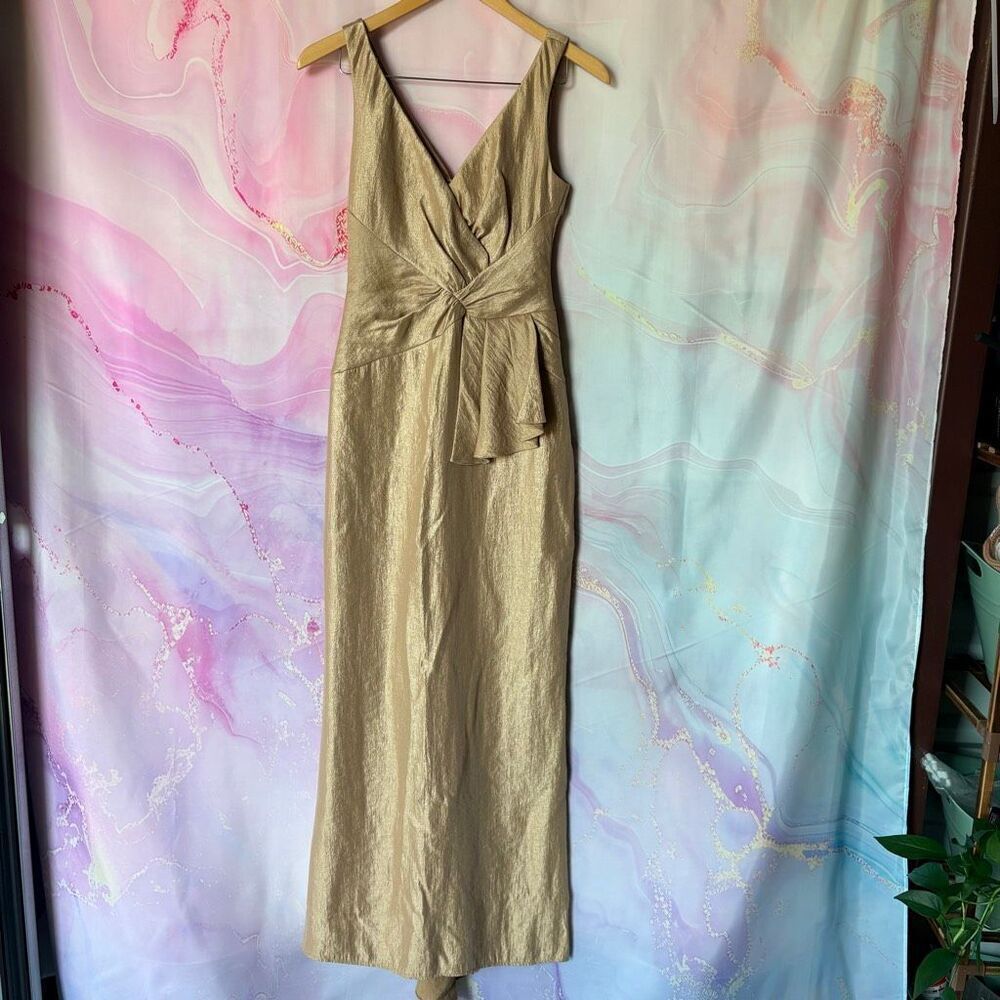 Badgley Mischka 2 Gold Formal Gown Evening Luxury Designer Wedding Gala Parisian